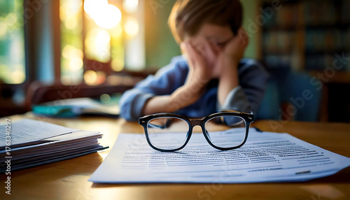 A stressed child hides their face, overwhelmed by homework or a test.  Eyeglasses rest on paperwork in the foreground, emphasizing the academic struggle.