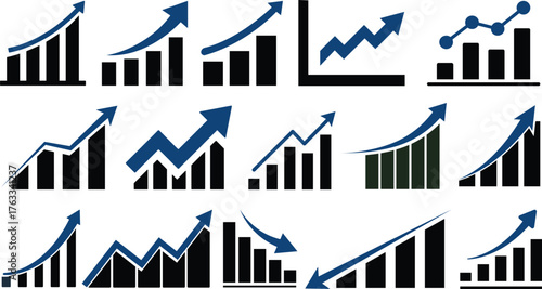 Growing Graph icon set.A dynamic illustration featuring a rising chart with arrow, business bar sign, and progress bar symbol, representing success and profit growth. Ideal for apps, websites.