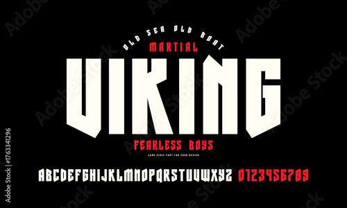Decorative sans serif font in viking style. Letters and numbers for logo and emblem design. Color print on black background