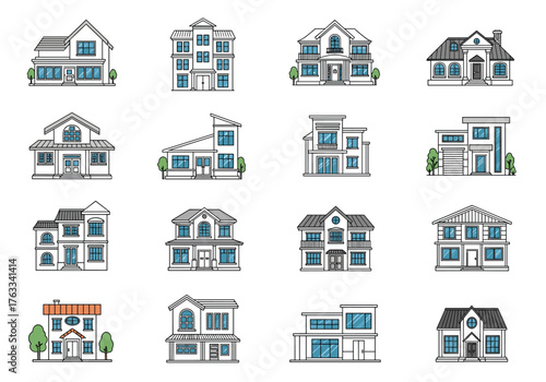Collection of various residential houses and buildings in a modern architectural style.