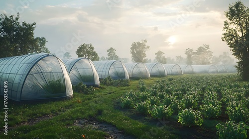 An image of a farm with multiple plastic greenhouse tunnels, showing the environmental impact of plastic use