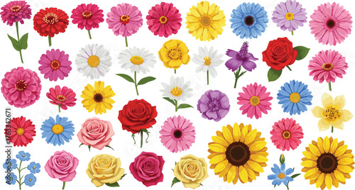Mega Set of Colorful Hand Drawn Sketchy Summer Flowers Vector Illustration