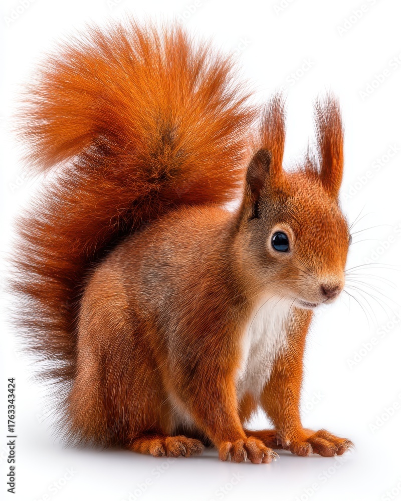 Fototapeta premium Red squirrel portrait on white background studio shot cute animal looking right closeup wildlife nature rodent