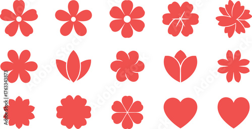 Coral Red Flat Design Flowers and Hearts Vector Shapes Set