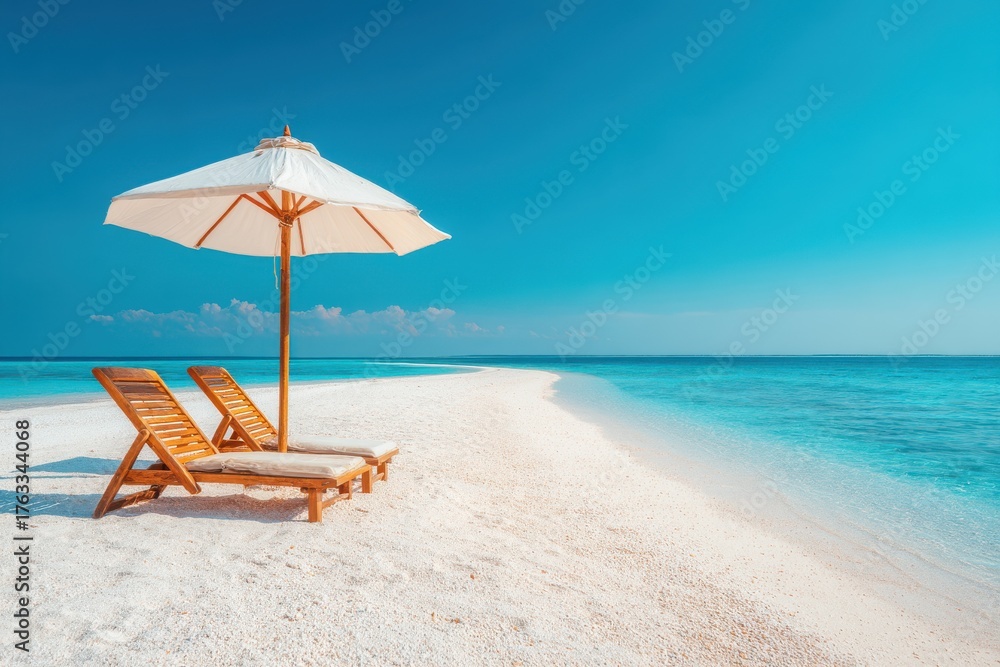 Fototapeta premium Tropical Beach Scene with Lounge Chairs and Umbrella in Maldives Paradise Vacation Getaway