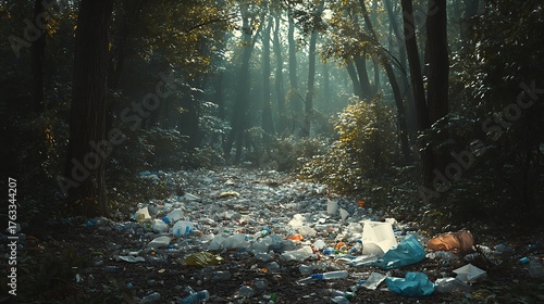 A forest floor littered with plastic bags and bottles, symbolizing human impact on natural habitats