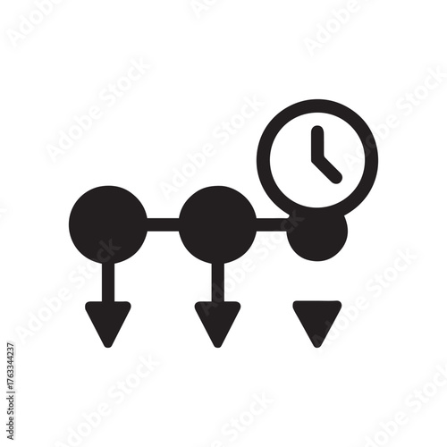 Abstract timeline concept with clock representing progress and chronological sequence of events with downward arrows indicating steps or phases in a clear visual diagram