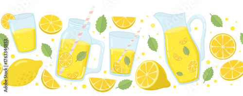 Horizontal border with lemonade drink, pitcher, glass, mint leaf, jar and lemon slices. Background with citrus beverage isolated on white. 