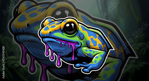 Vibrant cartoon poison dart frog with dripping purple slime, perfect for gaming logos and vibrant designs
