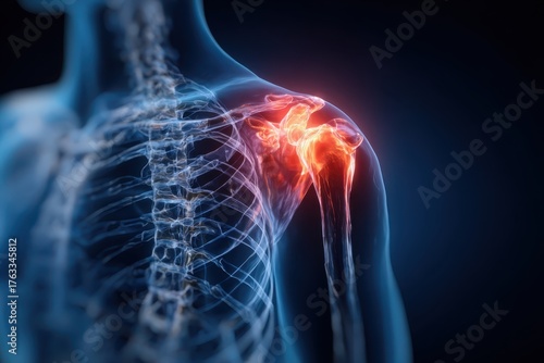 Human figure with shoulder joint ache X-ray illustration human anatomy. Back, neck lumbar pain relief techniques, spinal health in daily life. Red orange back pain sign digital overlay. Inflammation