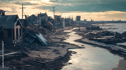A desolate, eroded coastal area with crumbling infrastructure and rising sea levels encroaching on land
