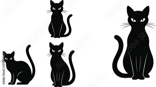 Sitting Black Cat Silhouette with Evil Eyes Vector Illustration Set