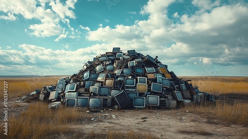 A massive pile of discarded electronic waste, including old phones, TVs, and computers, in an open field