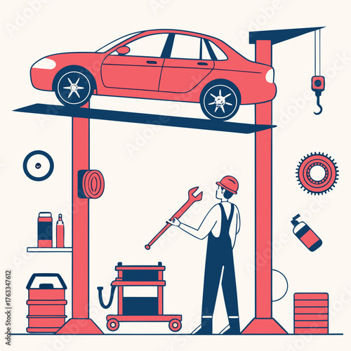 Vector art of car repair service station