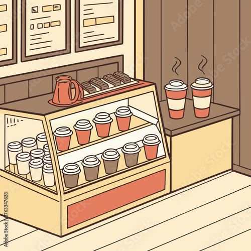 Vector art of coffee shop display with drinks