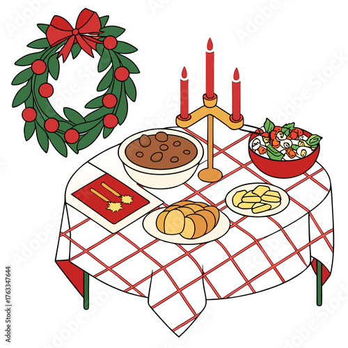 Vector art of christmas dinner on table