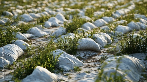 A field covered in synthetic fertilizer bags, illustrating intensive agriculture and soil degradation