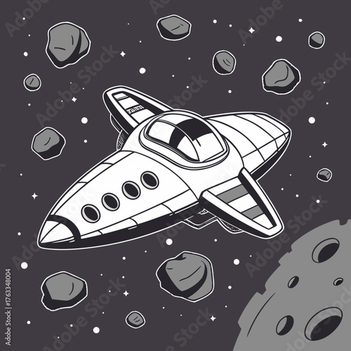 Vector art of spaceship in asteroid field