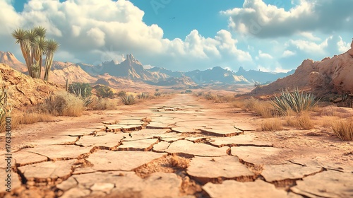 A cracked road through an arid desert landscape, with a distant view of a dying oasis
