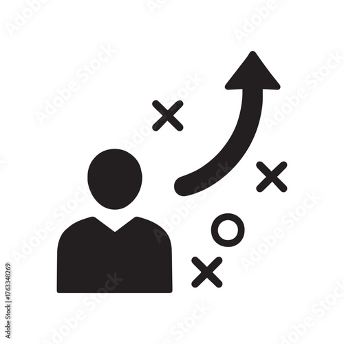Business strategy concept with a person icon leading a rising arrow and tic tac toe elements symbolizing planning and execution for success