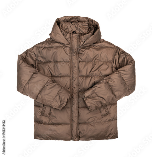 Brown puffer jacket with a high collar and zipper, isolated on a white background. Ready for use in winter fashion, clothing store, e-commerce, and seasonal advertising.