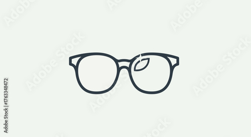 Minimalist illustration of round eyeglasses with a leaf reflection.