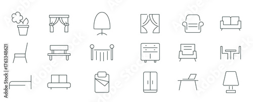 Home interior linear icon set. Furniture, interior design, closet, chair, mattress, kitchen, bedroom, sofa table, bookcase, lamps and ladder outline icon collection. UI thin outline icons pack.