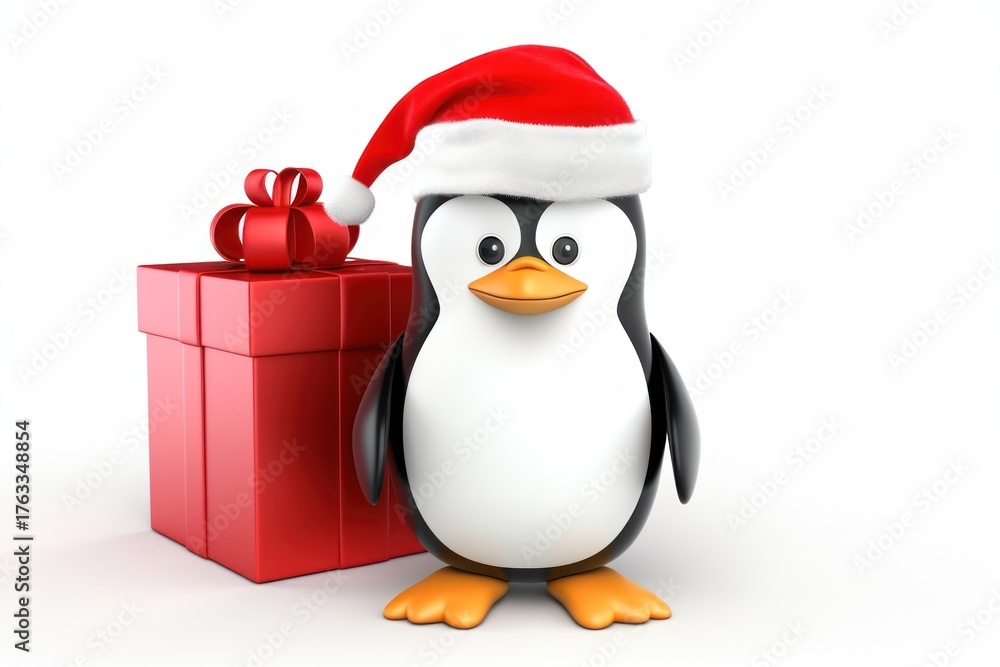 Fototapeta premium Penguin wear santa hat holding gift box winter bird snow.