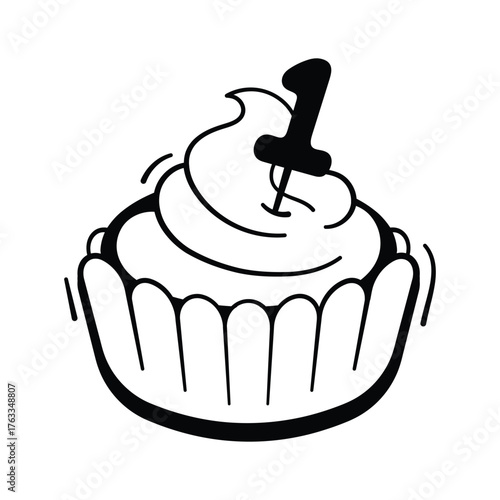 Delicious cupcake with candle for New Year or birthday parties