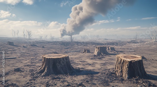A deforested area with stumps of trees, barren land, and smoke rising from the background
