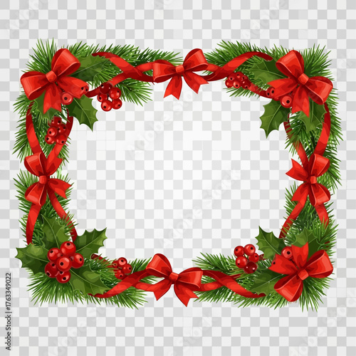 A festive rectangular Christmas frame with green fir branches, red ribbons, bows, and holly berries on a transparent background.