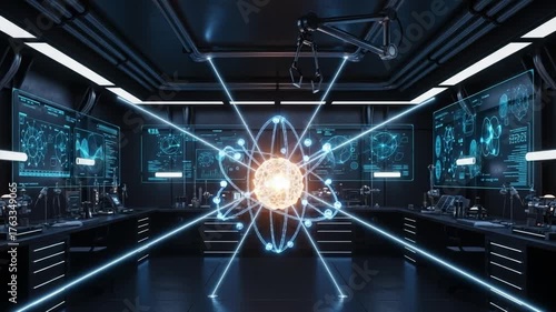 Science Lab Interior:  A cutting-edge science lab interior, showcasing high-tech equipment, intricate circuits, and a central atom model. The lab is illuminated by digital displays and a sleek.