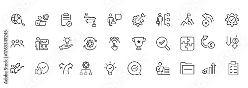 Line icons about action plan. Contains such icons as search strategy, target, scheme, timeline and workflow.Action plan set of web icons in line style. Strategy action planning icons.