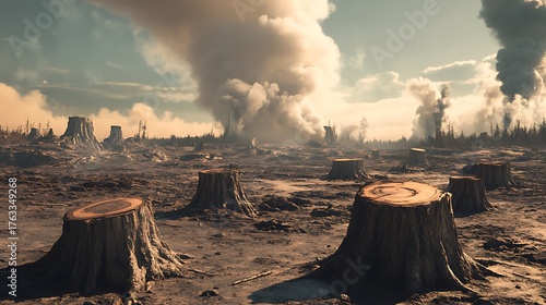 A deforested area with stumps of trees, barren land, and smoke rising from the background