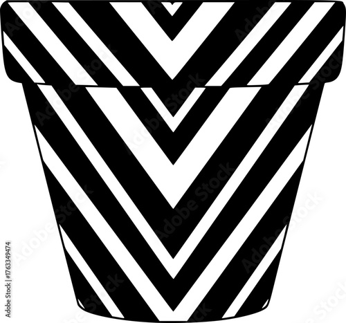 Simple monochrome icon of a flower pot with diagonal stripes, ideal for projects related to gardening, houseplants, or interior design
