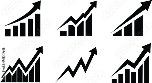 Six black graphic representations of bar charts with upward trending arrows growth