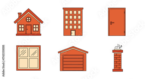 A vector set of flat design icons related to real estate and architecture, including a house, apartment building, garage, window, door, and chimney