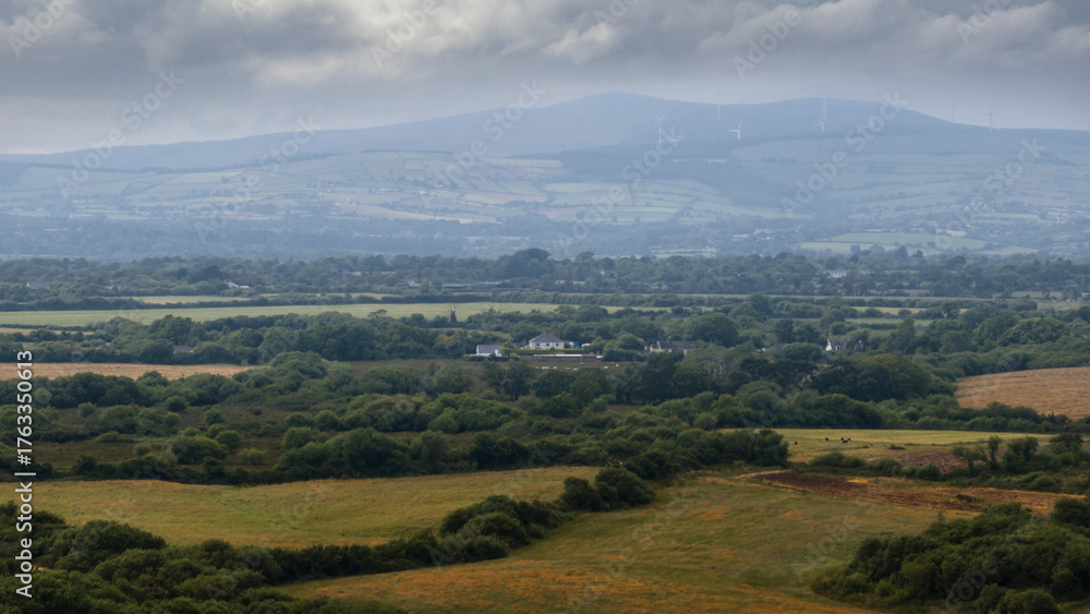 Fototapeta premium Panoramic view of Irish countryside with rolling hills, patchwork fields, trees, and distant wind turbines