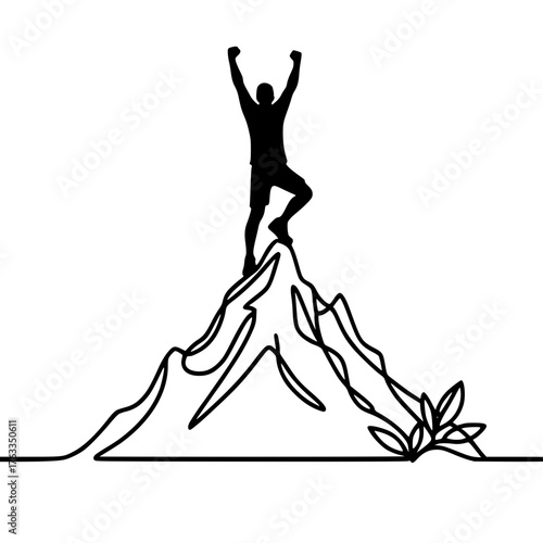 Continuous line drawing of winner man on mountain peak. Black vector icon with transparent background 