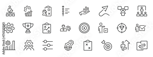Line icons about action plan. Contains such icons as search strategy, target, scheme, timeline and workflow.Action plan set of web icons in line style. Strategy action planning icons.