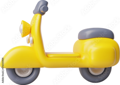 Yellow moped 3D cartoon plastic style vector icon, motorbike transport, volume toy, touristic travel vehicle side view
