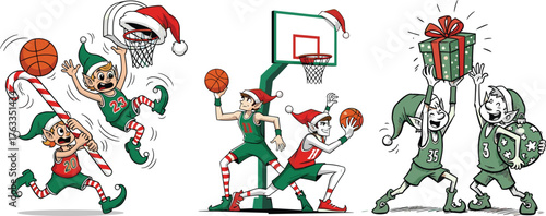 Funny Christmas Elf Characters Playing Basketball Vector Illustration Set