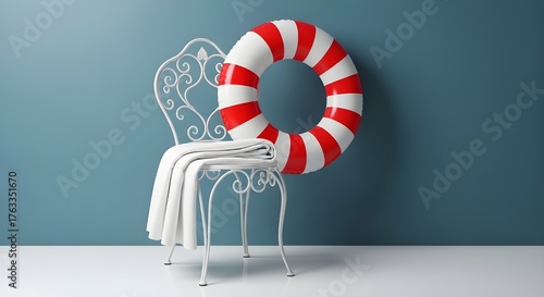 Minimalist white iron chair with fabric and swimming ring against a sea blue wall on white floor, summer beach vibe interior scene.
