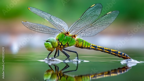 Dragonfly with green body resting on water surface