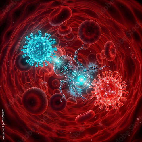 Nanorobot in human bloodstream interacting with blood cells and viruses, futuristic medical technology, 3d illustration