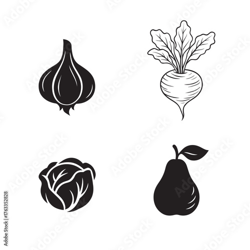Hand drawn silhouette of vegetable set of garlic cabbage radish and pear