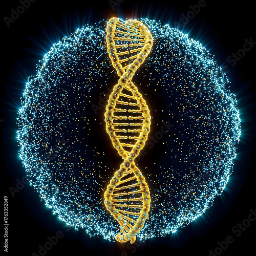 Glowing DNA helix inside energy sphere, concept of life creation and bioenergy in futuristic biotechnology, 3d illustration