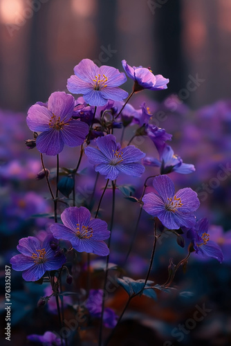 Bunch of purple flowers with dew drops on them. The flowers are in a field and the background is a forest