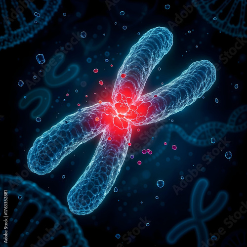 Damaged chromosome with glowing fracture point, concept of genetic mutation and biotechnology research, 3d illustration