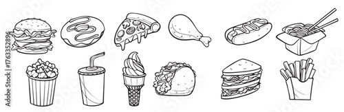 hand drawn fast food and beverage in doodle style